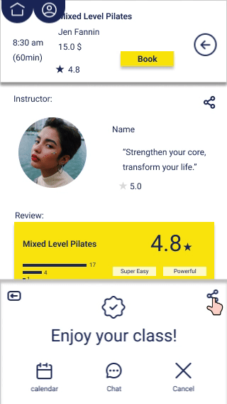 CoreLab share button reveals social options in the booking confirmation view