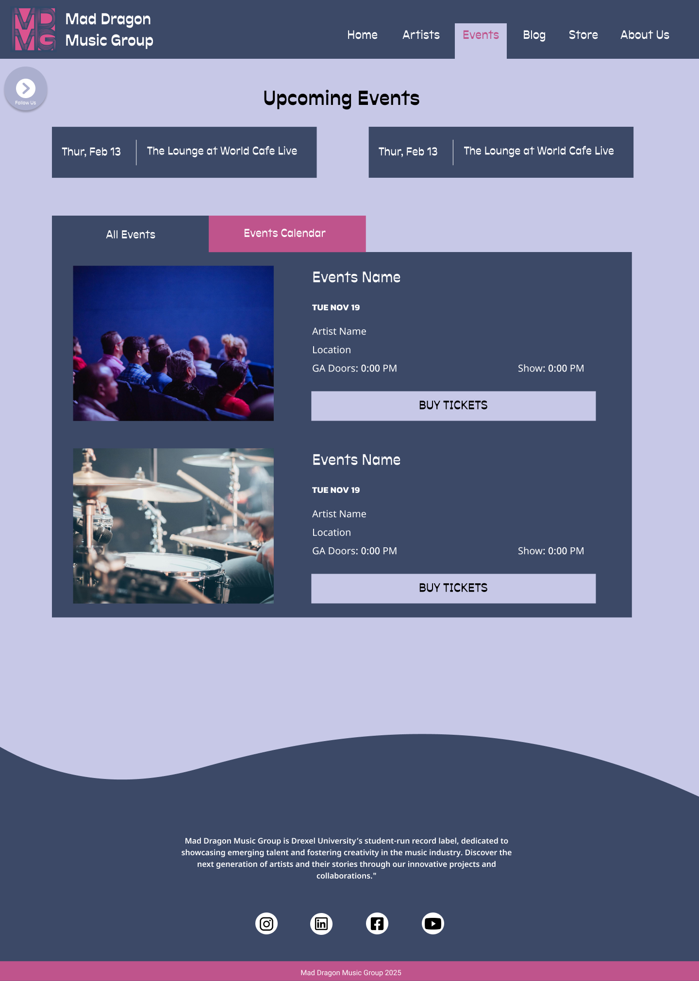 Mad Dragon events desktop design shown in a browser mockup