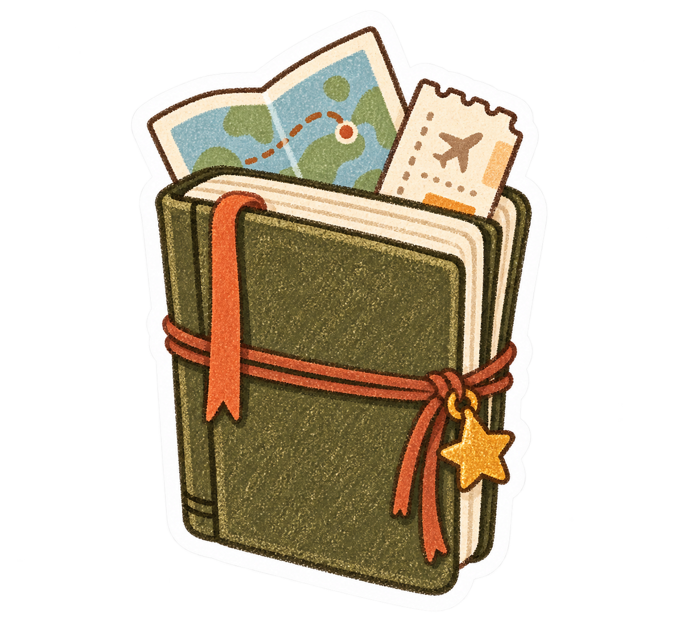 A travel journal with a map and ticket